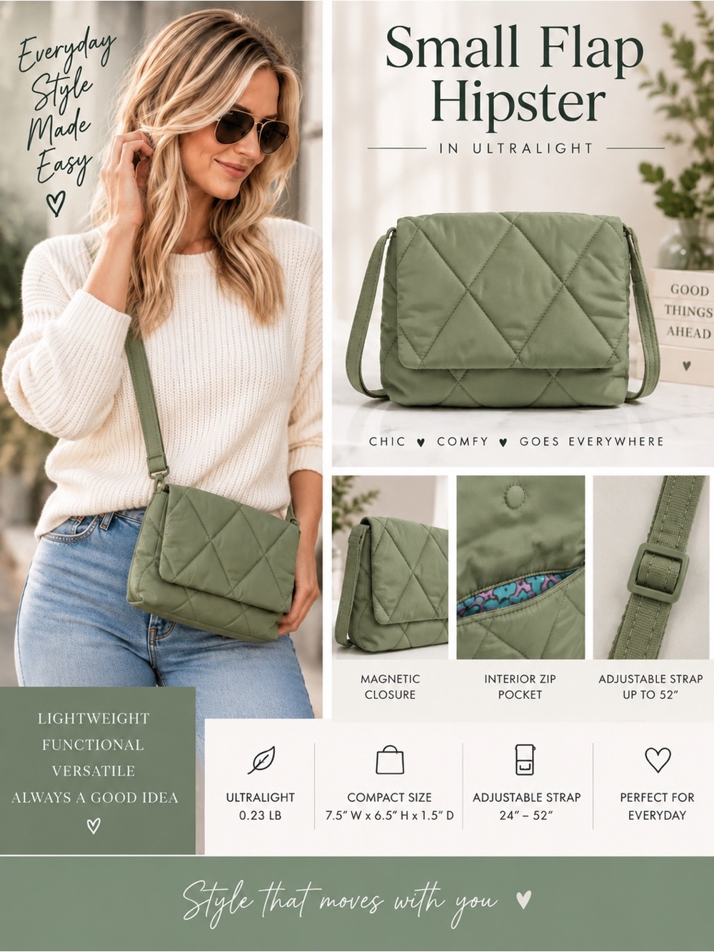 NWT Vera Bradley Quilted Small Flap Hipster Crossbody - Olive Green